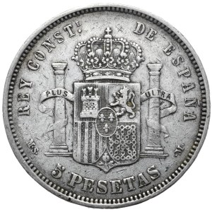 Spain, 5 Pesetas, 1885.