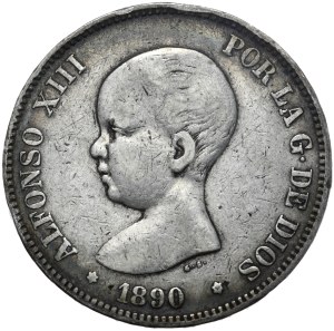Spain, 5 Pesetas, 1890.