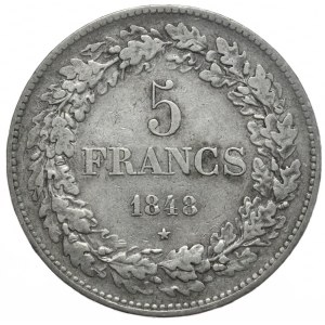 Belgia, 5 Franków, 1848r., (młodszy)
