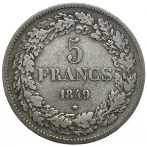 Belgia, 5 Franków, 1849r., (młodszy)