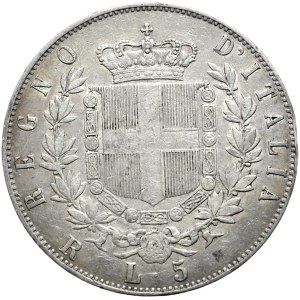 Włochy, 5 lirów 1875 R, Rzym, rzadka mennica
