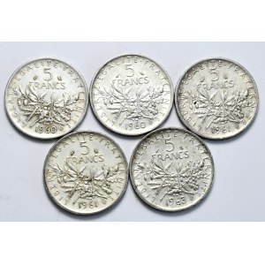 Francja, 5 franków 1960-1963, siewca, zestaw 5 sztuk