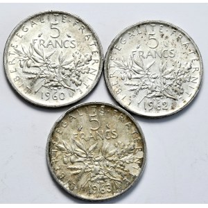 Francja, 5 franków 1960-1963, siewca, zestaw 3 sztuk