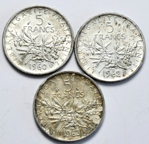 France, 5 francs 1960-1963, sower, set of 3 pieces