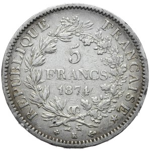 France, 5 Francs, 1874, K, Bordeaux, Hercules