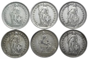 Switzerland, 6x2 Franks, 1920-1958.