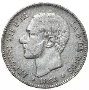 Spain, 5 Pesetas, 1885.
