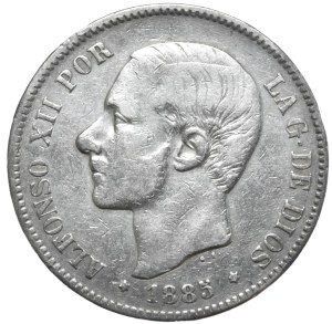 Spain, 5 Pesetas, 1885.