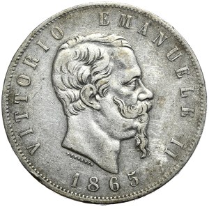 Włochy, 5 lirów, 1865r., T, Turyn, rzadszy rocznik