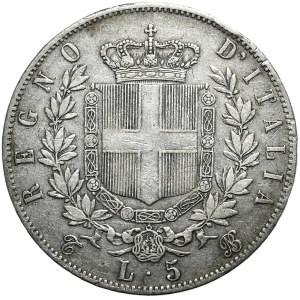 Włochy, 5 lirów, 1865r., T, Turyn, rzadszy rocznik