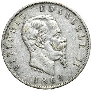 Włochy, 5 lirów, 1869r., Mediolan, wczesniejszy rocznik