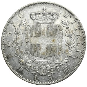 Włochy, 5 lirów, 1869r., Mediolan, wczesniejszy rocznik