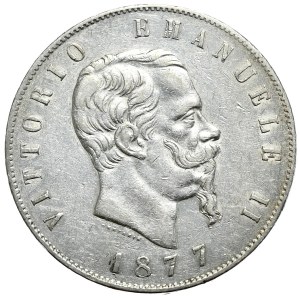 Włochy, 5 lirów, 1877r., R, Rzym, późny rocznik