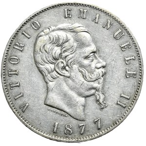 Włochy, 5 lirów, 1877r., R, Rzym, późny rocznik