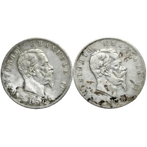Włochy, 2x5 lirów, 1874-6r., Mediolan i Rzym