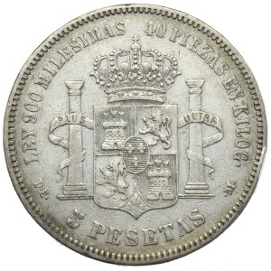Spain, 5 Pesetas, 1876.