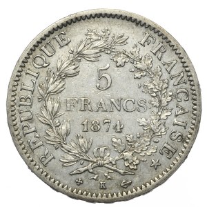 France, 5 Francs, 1874, K, Bordeaux, Hercules