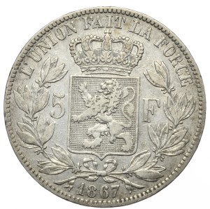 Belgium, 5 francs, 1867.