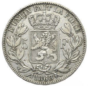 Belgium, 5 francs, 1868.