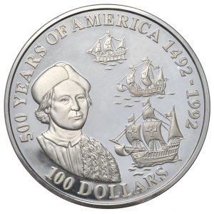 Wyspy Cooka, 100 Dolarów, 1992r., 5oz., Kolumb, oryginalne pudełko. Rzadkość