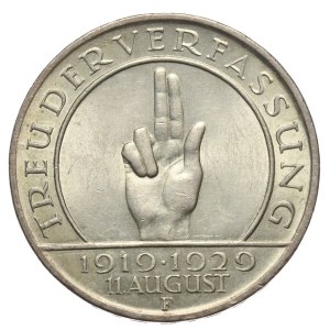 Niemcy, Republika Weimarska, 3 marki 1929 F, Stuttgart, Przysięga Hindenburga