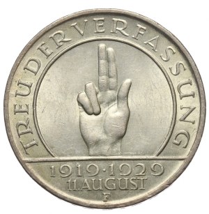 Germany, Weimar Republic, 3 Marks 1929 F, Stuttgart, Hindenburg Oath of Office