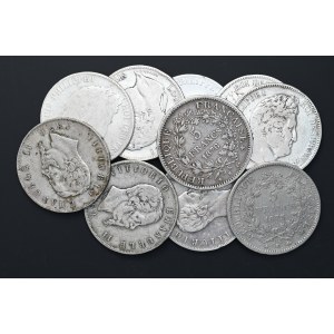 Francja, Włochy, 5 franków/5 lirów, Ludwik Filip, Herkules, Wiktor Emmanuel, różne roczniki, zestaw 10 szt.