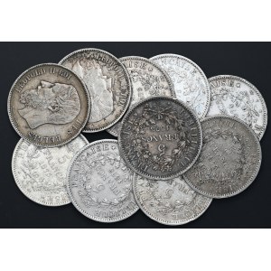 Belgia, Francja, 5 franków, Leopold II, Herkules, różne roczniki, zestaw 10 szt.