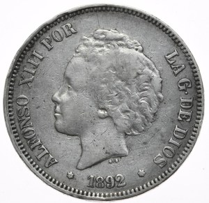 Spain, 5 Pesetas, 1892.