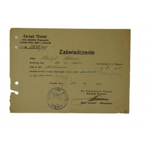 ZAŚWIADCZENIE o rejestracji roweru, 13.IV.1945r. Poznań