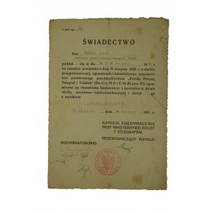 Ministerstwo Poczt i Telegrafów ŚWIADECTWO egzaminu na stanowiska kierownicze i kontrolne w dziale słuzby pocztowo-telekomunikacyjnej, 25.III.1936r.