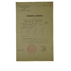 Świadectwo moralności wystawione dla kobiety przez Miejski Urząd Bezpieczeństwa i Porządku Publicznego w Poznaniu, datowany 16.11.1929r.