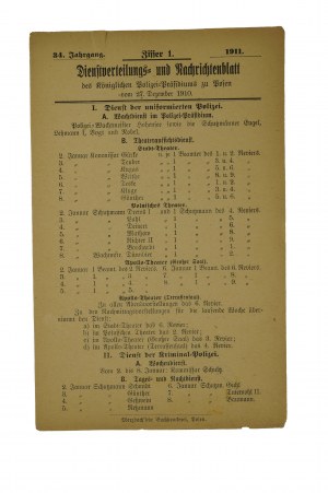 Chapter of Service and Newsletter of the Royal Police Headquarters in Poznan dated December 27, 1910 [list of uniformed servants at Poznan theaters - ranks, names, revirs].