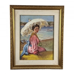 UNIDENTIFIED SIGNATURE, Portrait of a Woman with a Parasol by the Sea