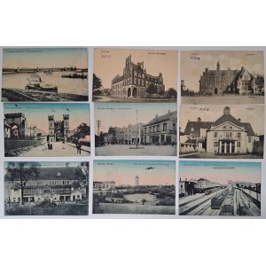 Tczew postcard. Dirschau. 9 pieces [German Reich Post Office, Railway Station, District House, Town Hall, Dworcowa Street, Railway Bridge].
