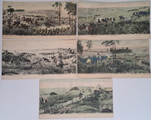 Pohlednice Racławice 5 ks 1904 [Polská sanitka, Dziemierzyce, Racławický les, Kościejowska hora, Dragouni, Klonowski les, Zajączkova divize, Národní kavalerie]. W. Kossak a J. Styka namalovali.