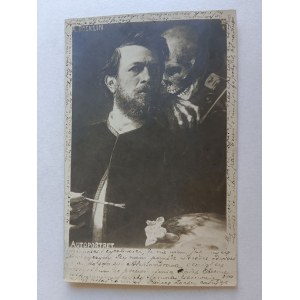POSTCARD PAINTING ARNOLD BOCKLIN, SELF-PORTRAIT, PRE-WAR, STAMP STAMP, SKULL