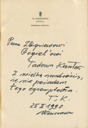 GOMBROWICZ Witold - Iwona księżniczka Burgunda [wydanie pierwsze 1958] [il. Tadeusz Kantor] [AUTOGRAF I DEDYKACJA TADEUSZA KANTORA]