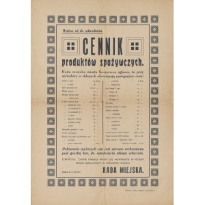 [placard] Price list of food products. The City Council of the City of Sosnowiec announces that the following prices apply to sales in stores (...) [1914].