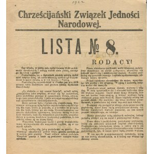 [druk ulotny, wybory 1922] Chrześcijański Związek Jedności Narodowej. Lista numer 8