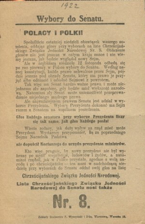 [Leaflet print, election 1922] Senate elections. Poles and Polish women!