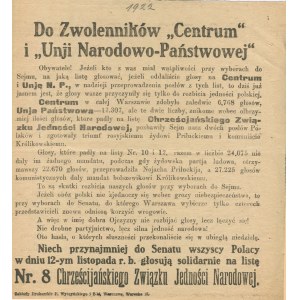 [druk ulotny, wybory 1922] Do zwolenników Centrum i Unii Narodowo-Państwowej