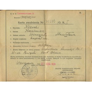 Card of exemption from military service in case of mobilization of Kazimierz Kierski (1908-1944), employee of Ammunition Factory No. 1 at Fort Bema in Warsaw [June 27, 1939].