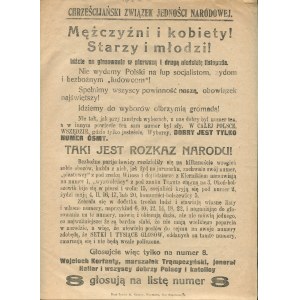 [tisk letáku, volby 1922] Unie křesťanské jednoty. Muži a ženy! Staří i mladí! Jděte k volbám (...)