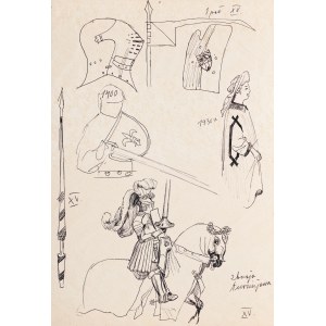 Ludwik MACIĄG (1920-2007), Loose sketches: of a knight with a lance on horseback, a woman, knightly uniforms