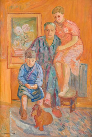 Zbigniew Pronaszko (1885 Żychlin - 1958 Kraków), Portret rodziny we wnętrzu (z jamnikiem)