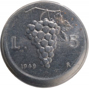 Repubblica Italiana. 5 lire 1949. Errore di conio, decentrat...