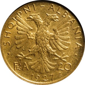Albania, Amet Zogu (1925-1939). 20 franchi 1927 Roma. Varesi...