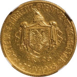 Albania, Amet Zogu (1925-1939). 20 franchi 1938 Roma. Coniat...