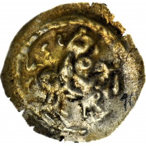 RR-, Mieszko III Stary 1173-1202, Gniezno, Brakteat łaciński, Książę na koniu, napis hebrajski, R4